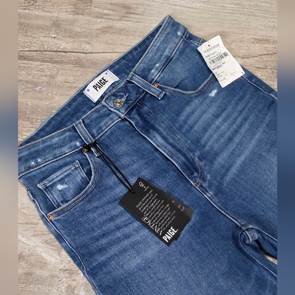 PAIGE STELLA CROP High Rise Modern Straight Jeans Ceylon Destructed Size 27 - Picture 2 of 10